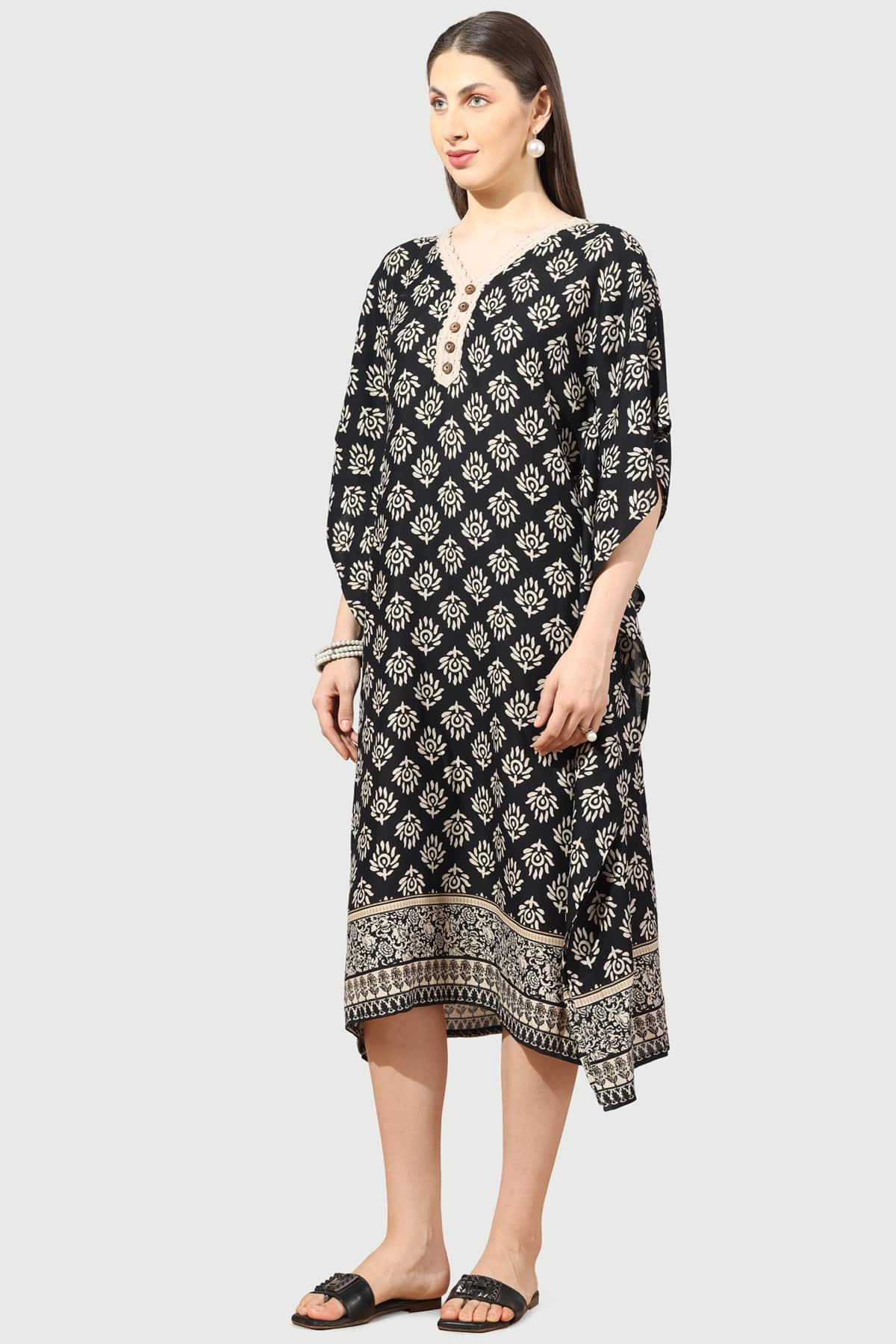 Black And Beige Printed Kaftan Dress For Women