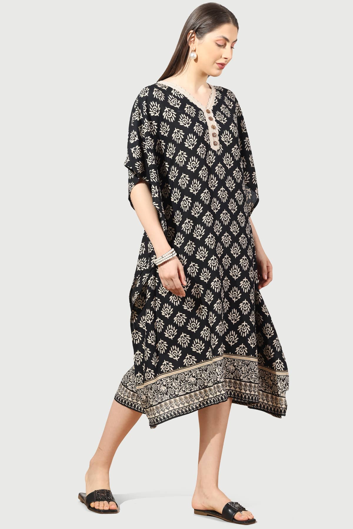 Black And Beige Printed Kaftan Dress For Women