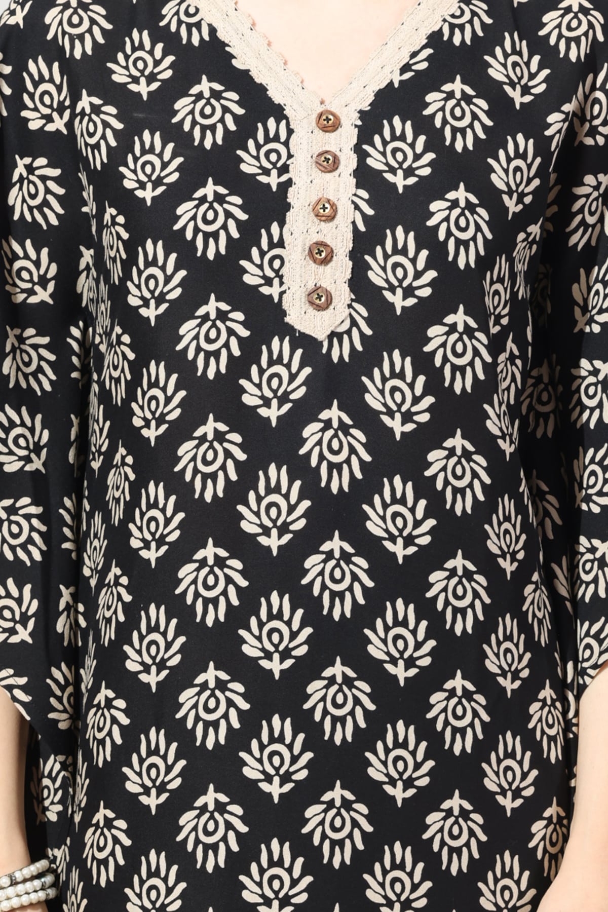 Black And Beige Printed Kaftan Dress For Women