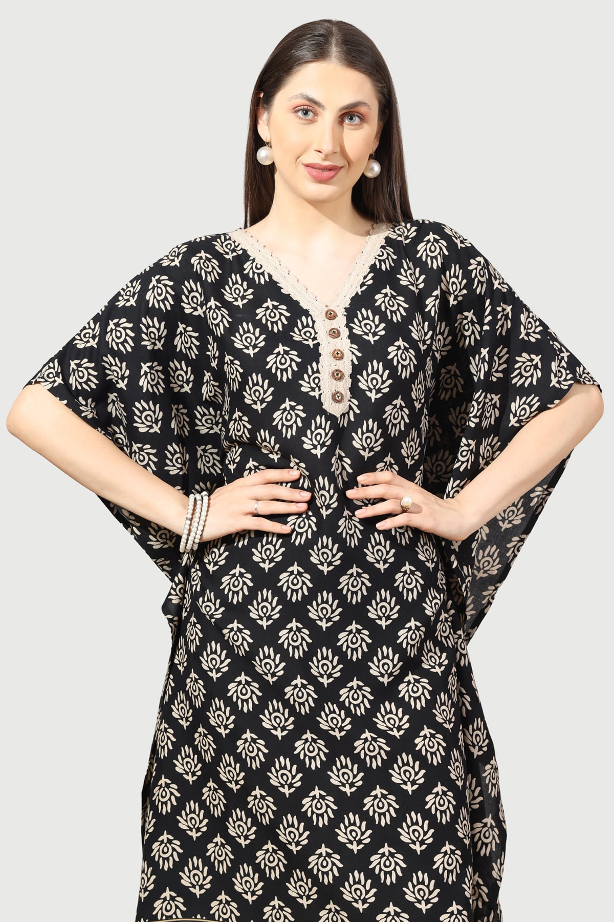 Black And Beige Printed Kaftan Dress For Women
