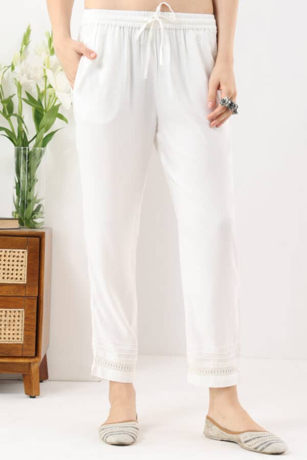 Solid white Tencel twill pants for women regular fit