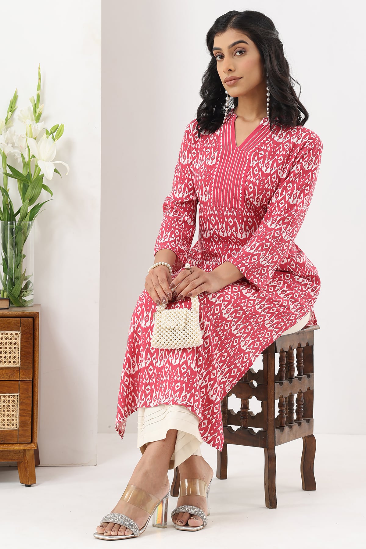 Coral Red Printed Kurta For Women