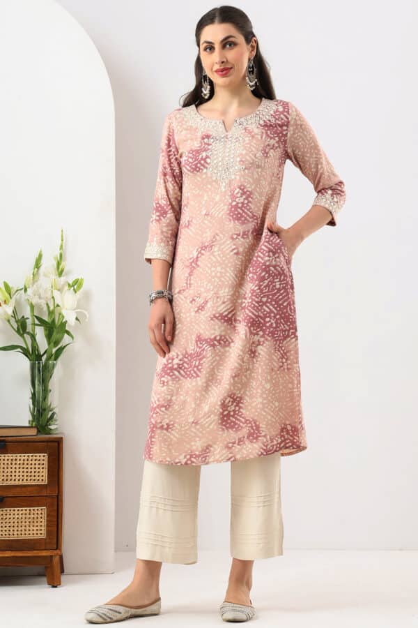 Embroidered Peach Colour Kurti For Women