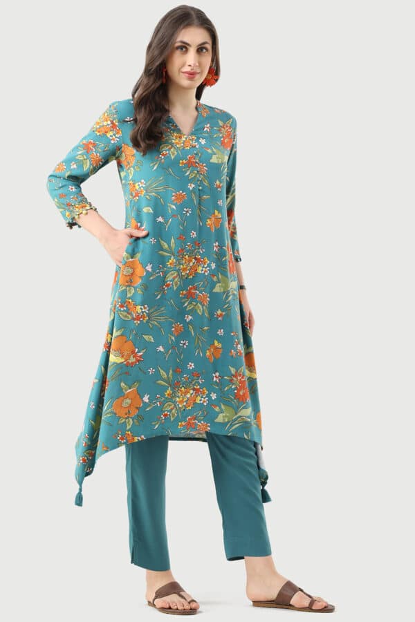 Printed Turquoise Printed Kurtis For Ladies