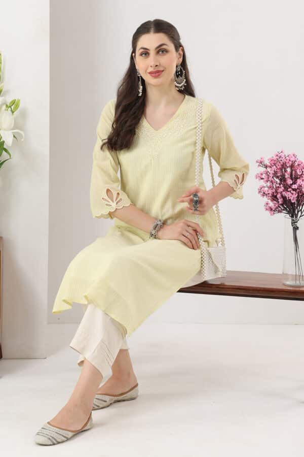 Embroidered Lemon Yellow Kurti For Women