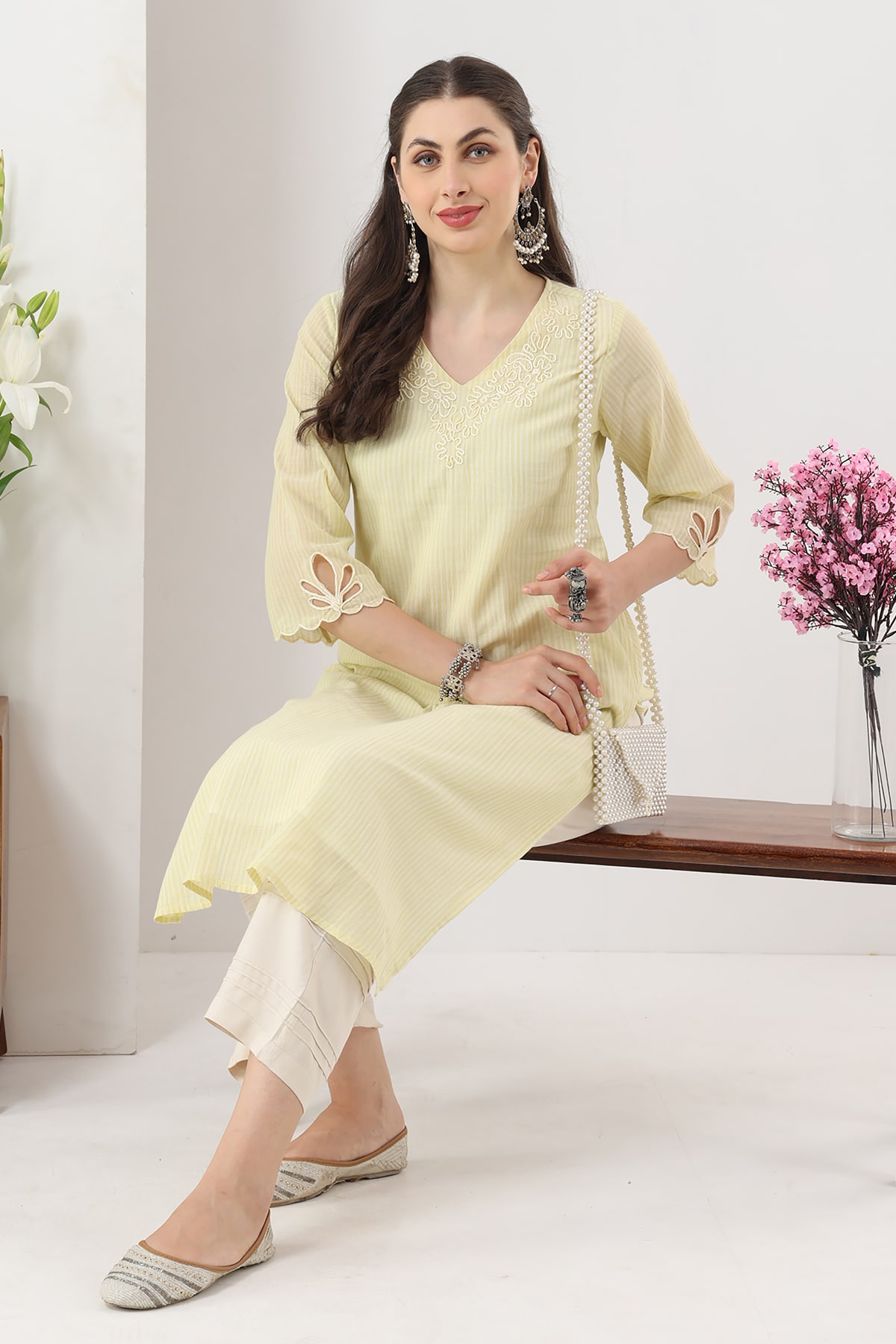Embroidered Lemon Yellow Kurti For Women
