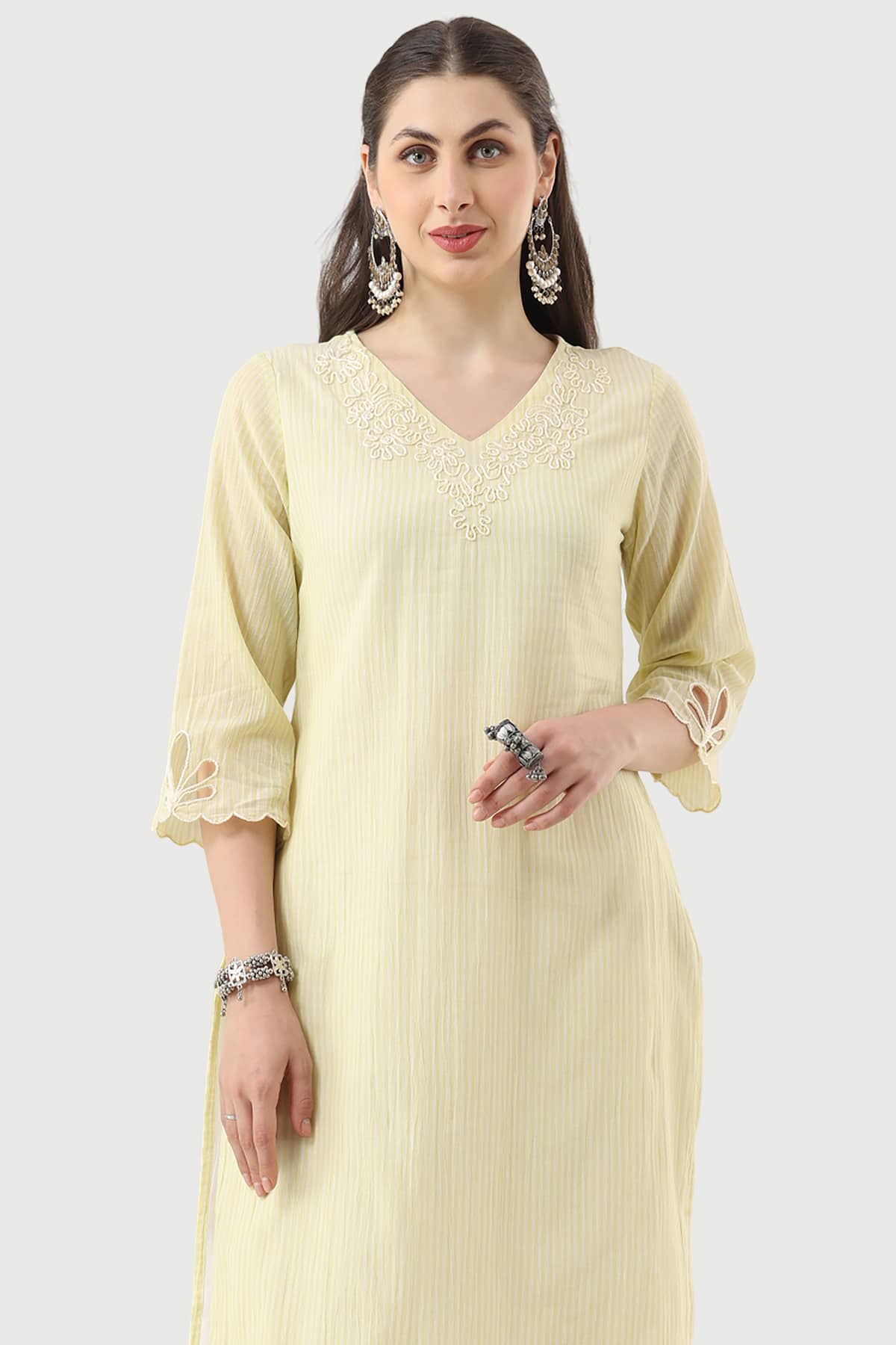 Embroidered Lemon Yellow Kurti For Women
