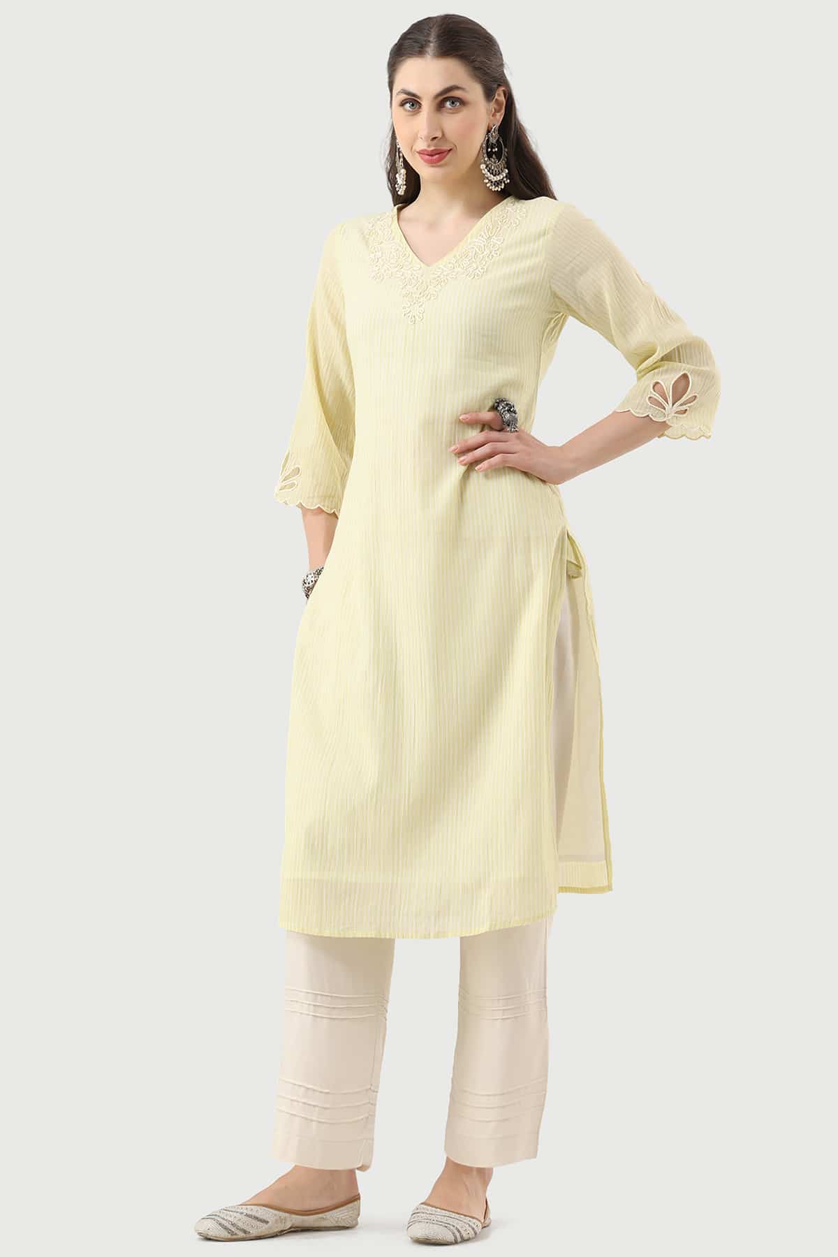 Embroidered Lemon Yellow Kurti For Women