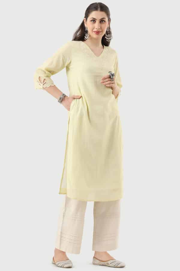 Embroidered Lemon Yellow Kurti For Women