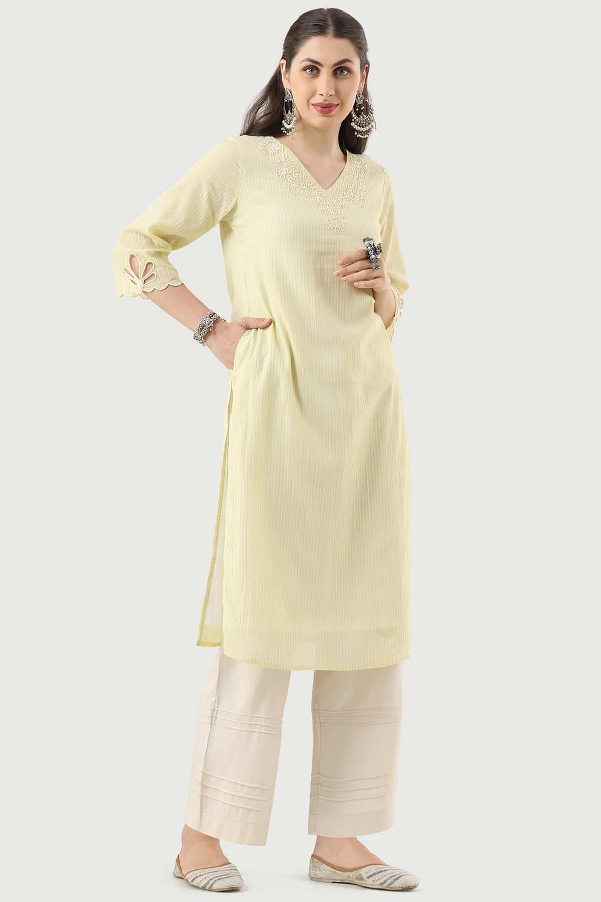 Embroidered Lemon Yellow Kurti For Women