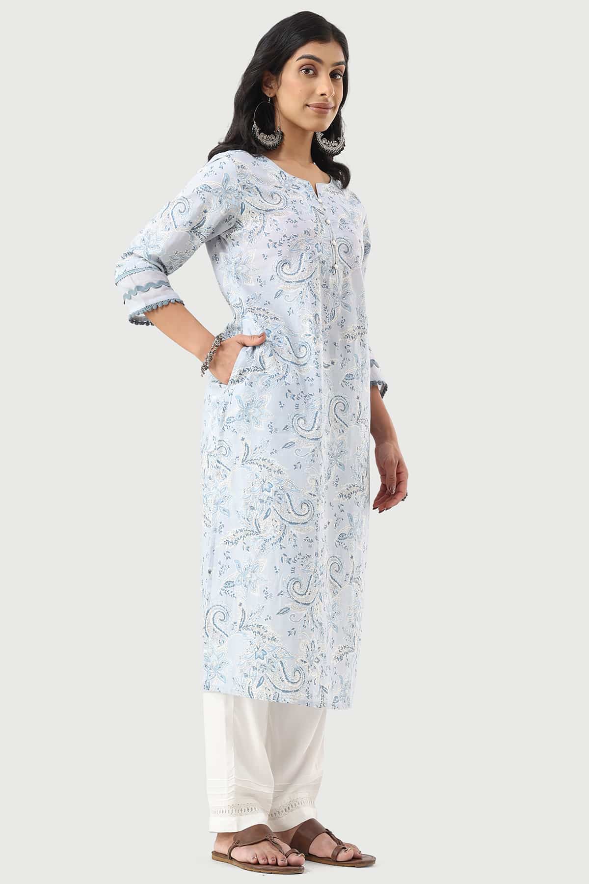 Printed Powder Blue Kurti For Women