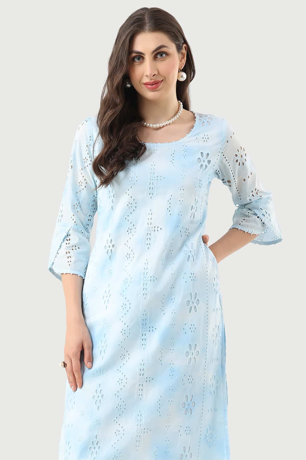 Embroidered Sky Blue Kurta For Ladies
