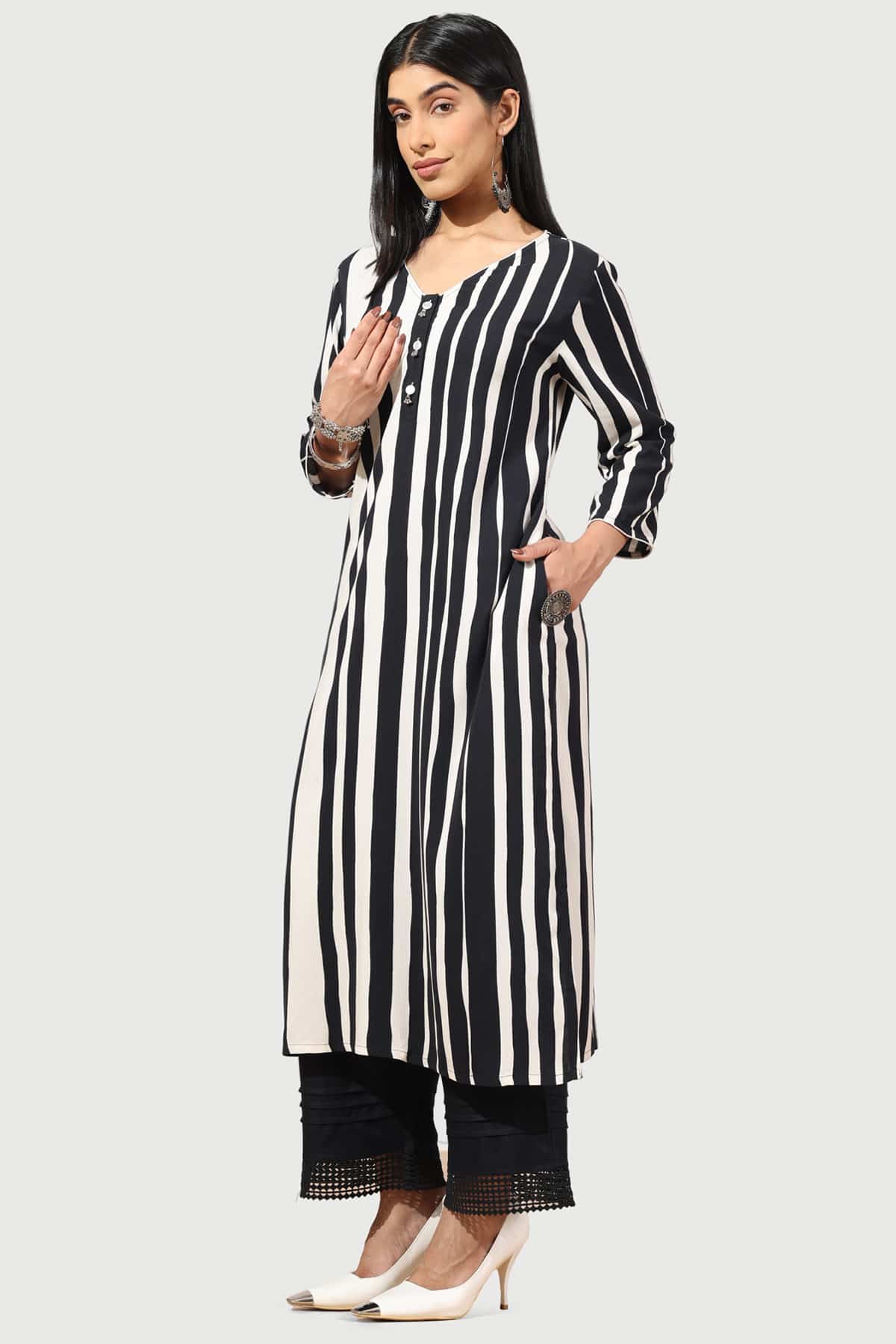 Striped Black And White Kurti For Women