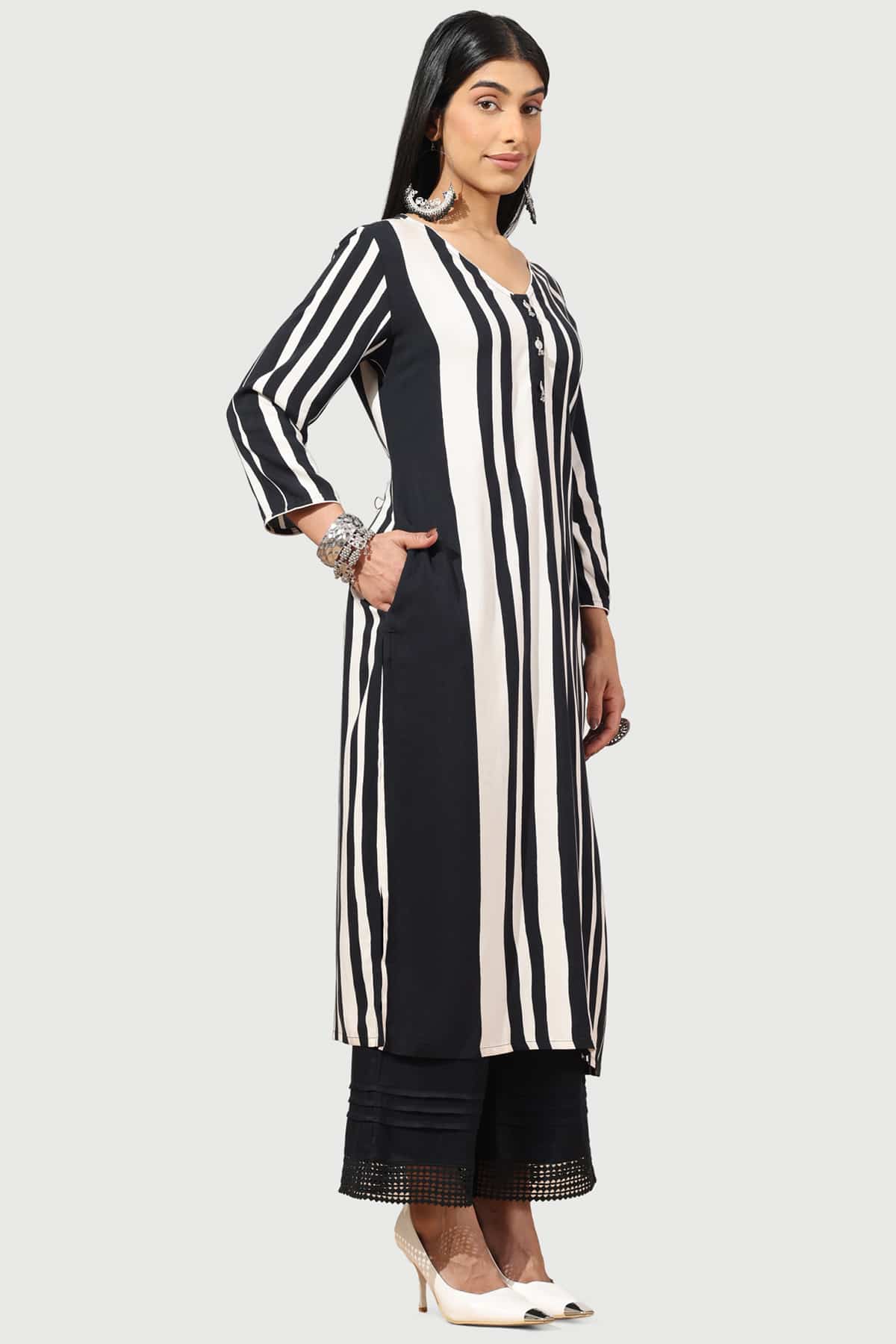 Striped Black And White Kurti For Women