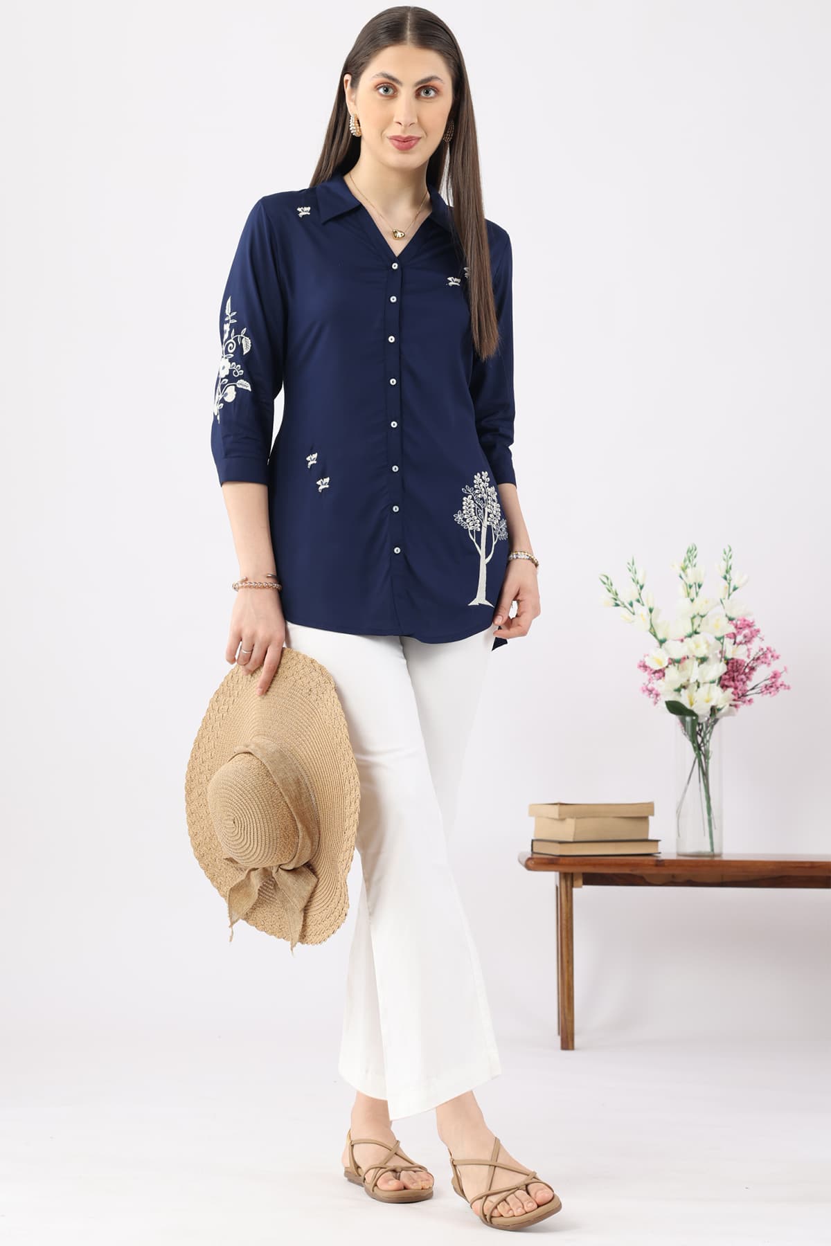 Embroidered Navy Blue Tunic For Women
