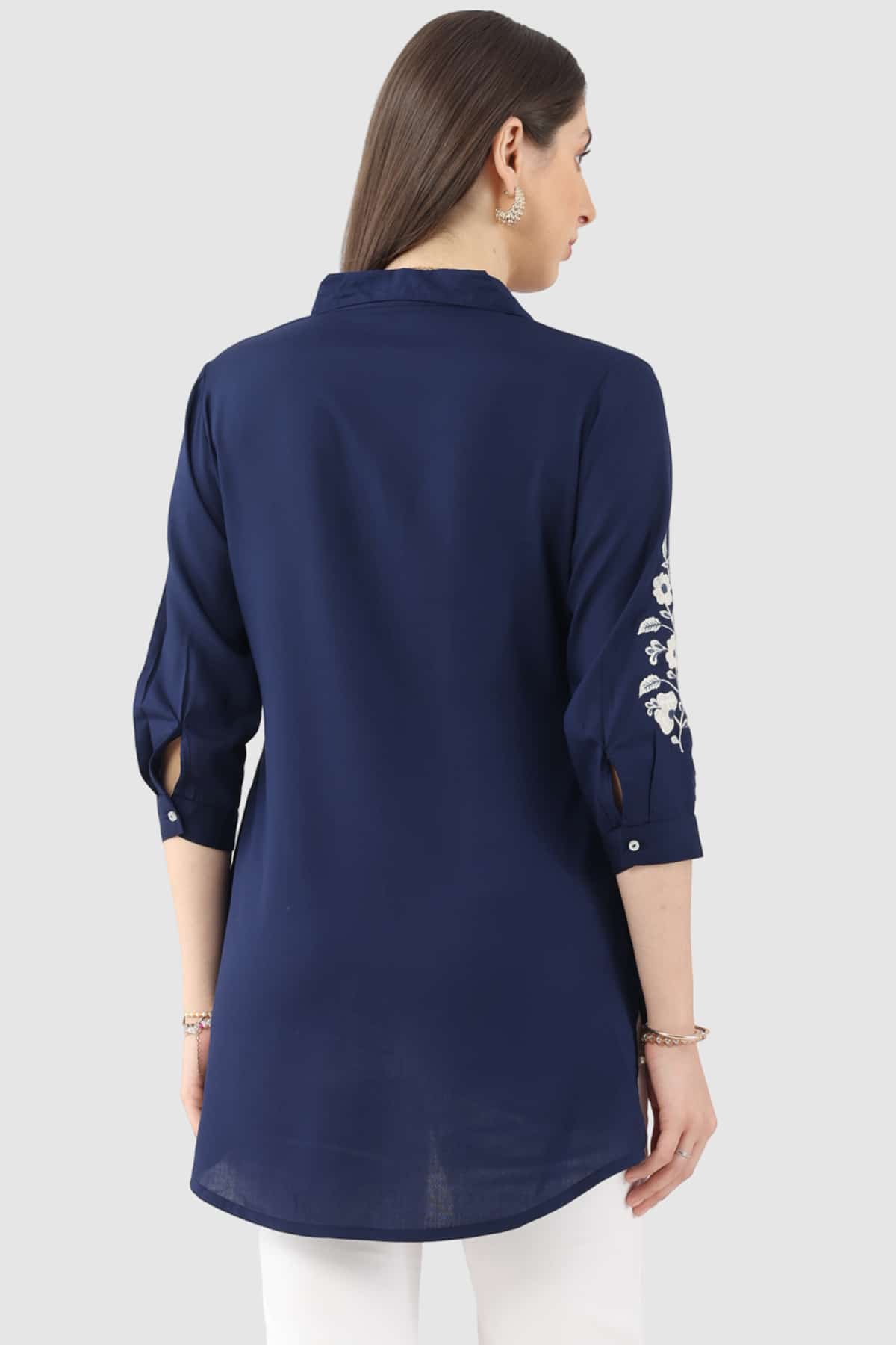 Embroidered Navy Blue Tunic For Women