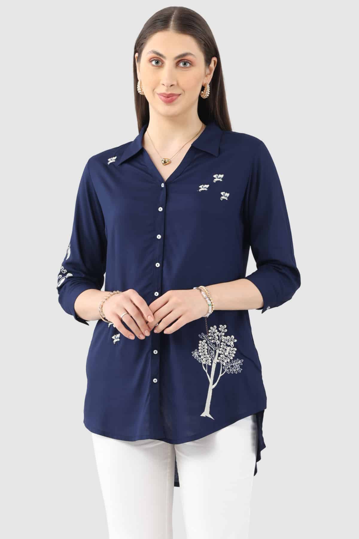 Embroidered Navy Blue Tunic For Women