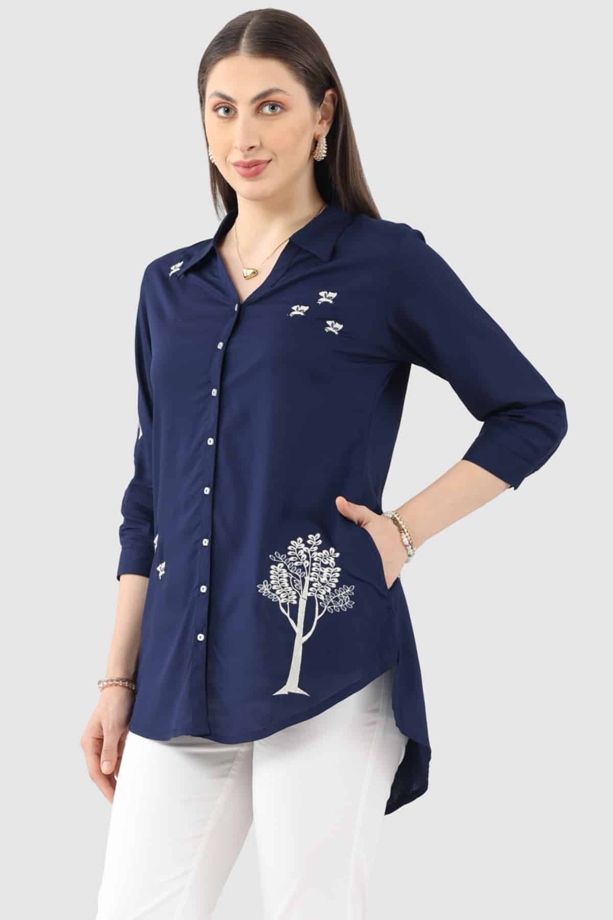 Embroidered Navy Blue Tunic For Women