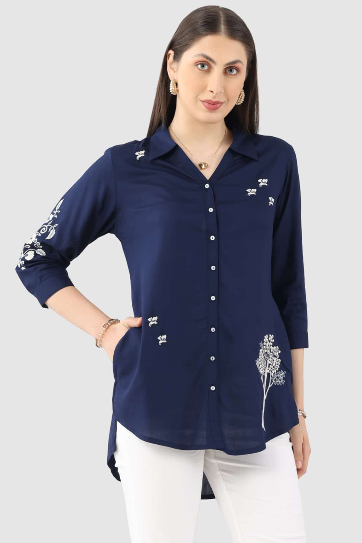 Embroidered Navy Blue Tunic For Women