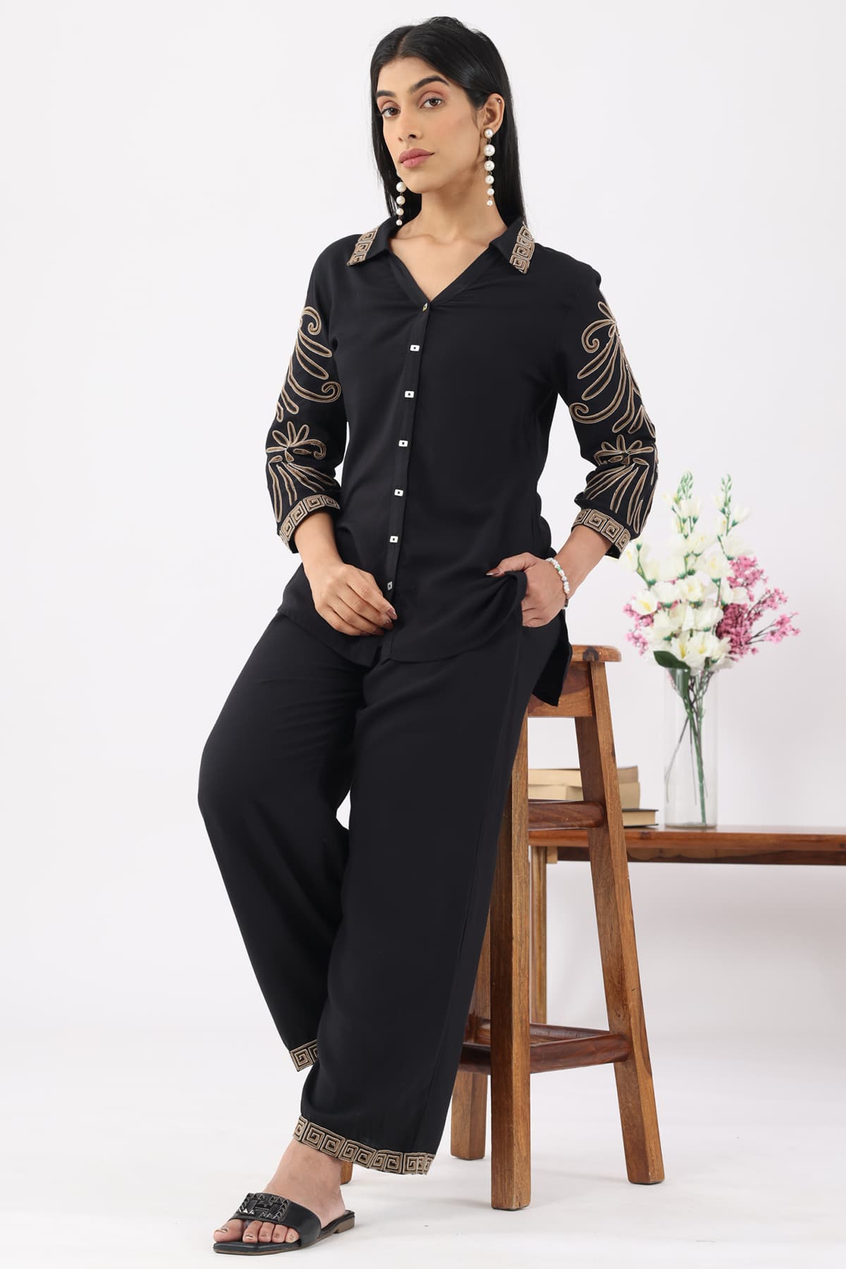 Embroidered Black Top For Women