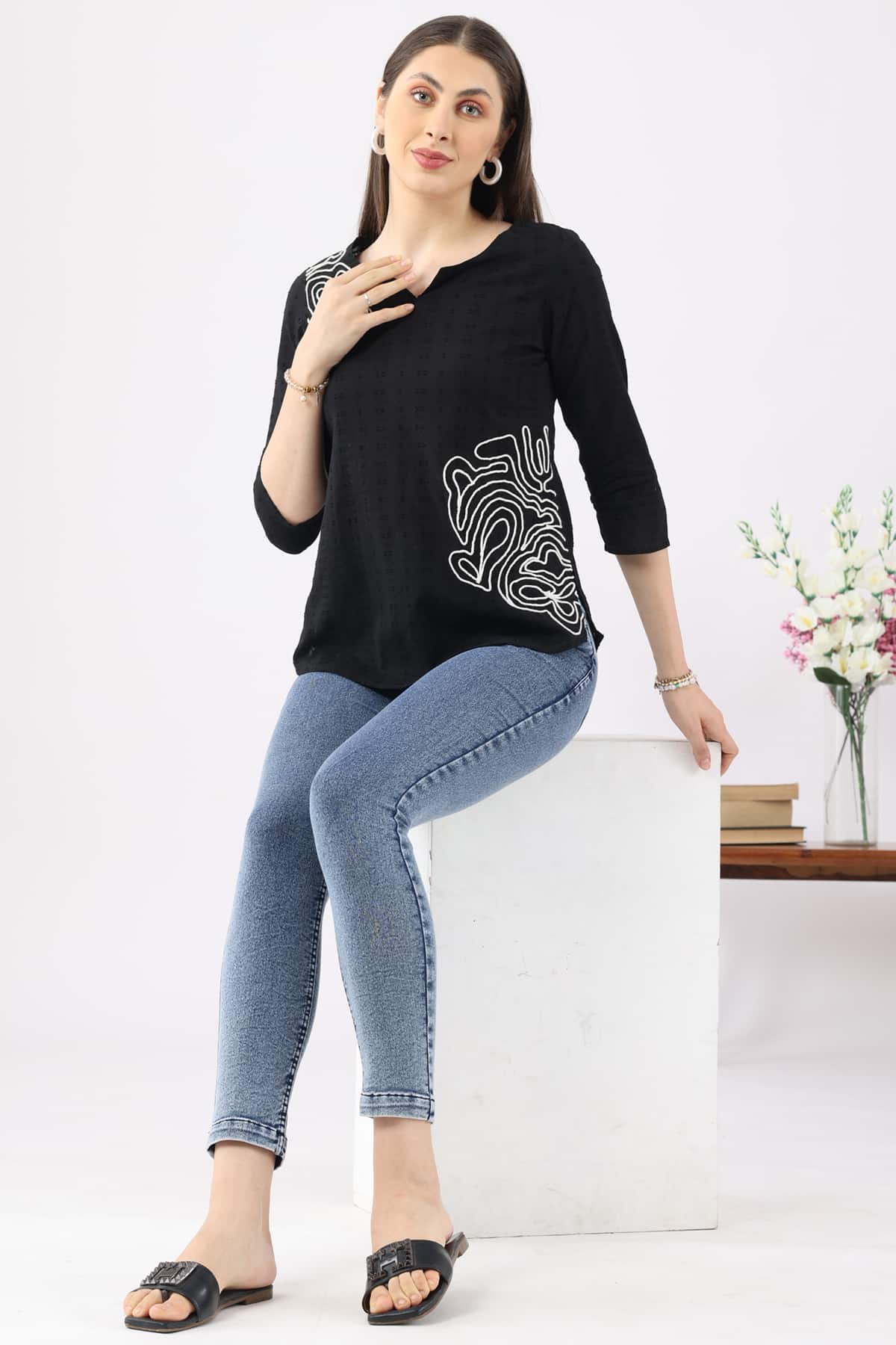 Embroidered Black Top For Women