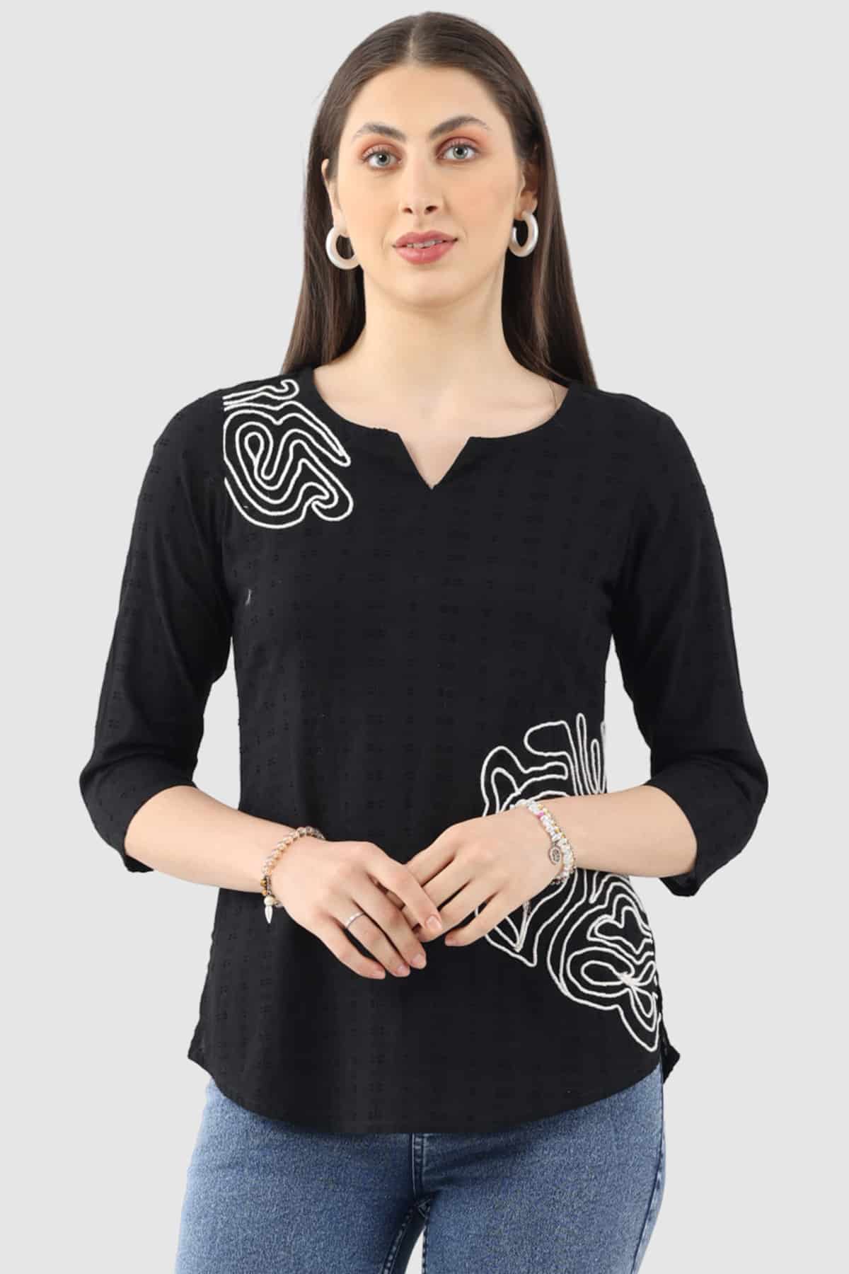 Embroidered Black Top For Women