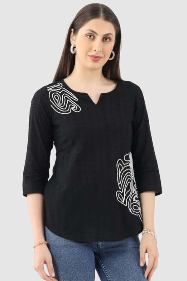 Embroidered Black Top For Women