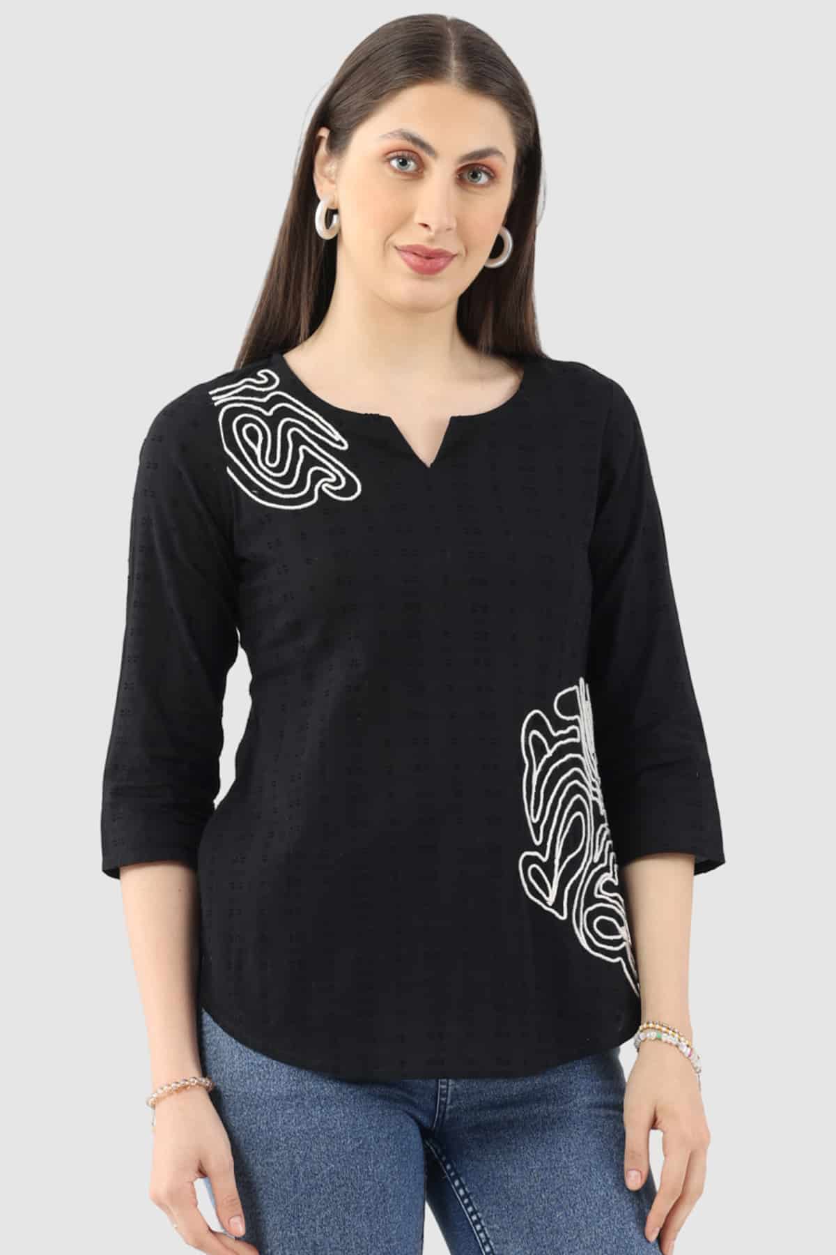 Embroidered Black Top For Women