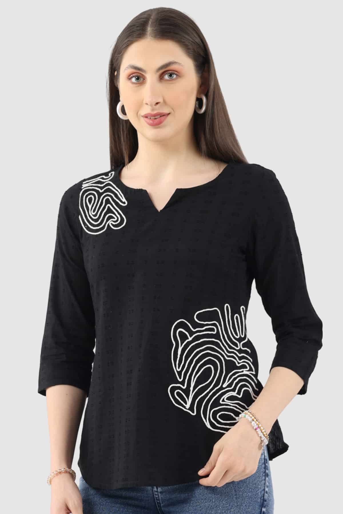 Embroidered Black Top For Women