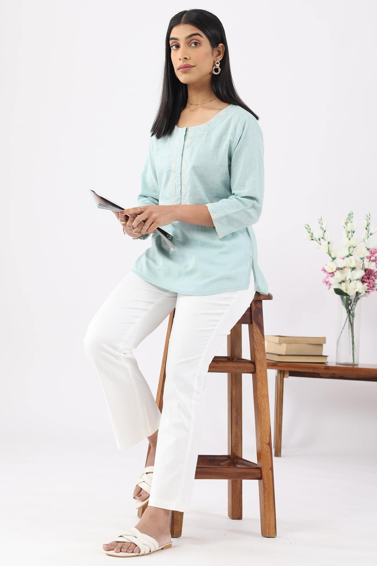 Embroidered Aqua Blue Top For Women