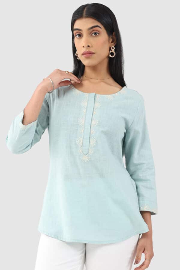 Embroidered Aqua Blue Top For Women