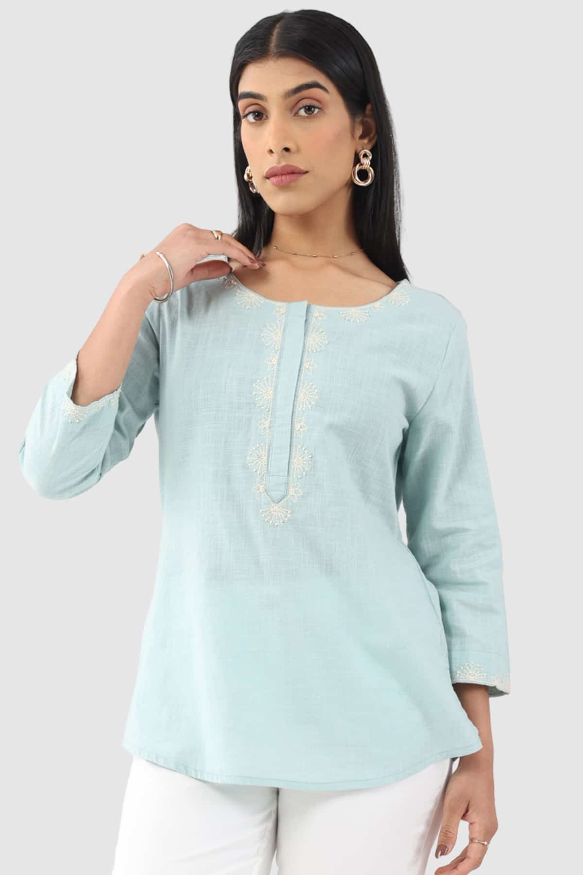 Embroidered Aqua Blue Top For Women