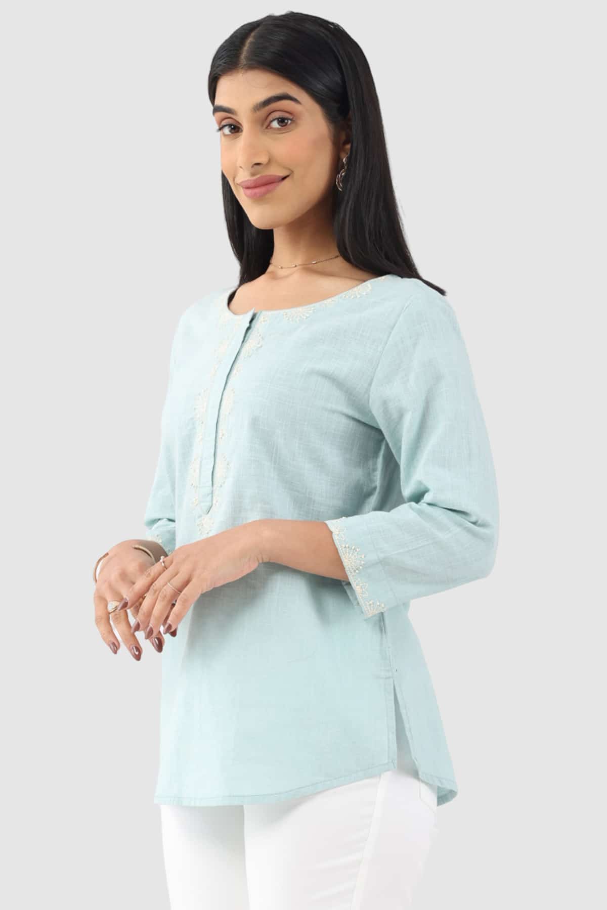 Embroidered Aqua Blue Top For Women
