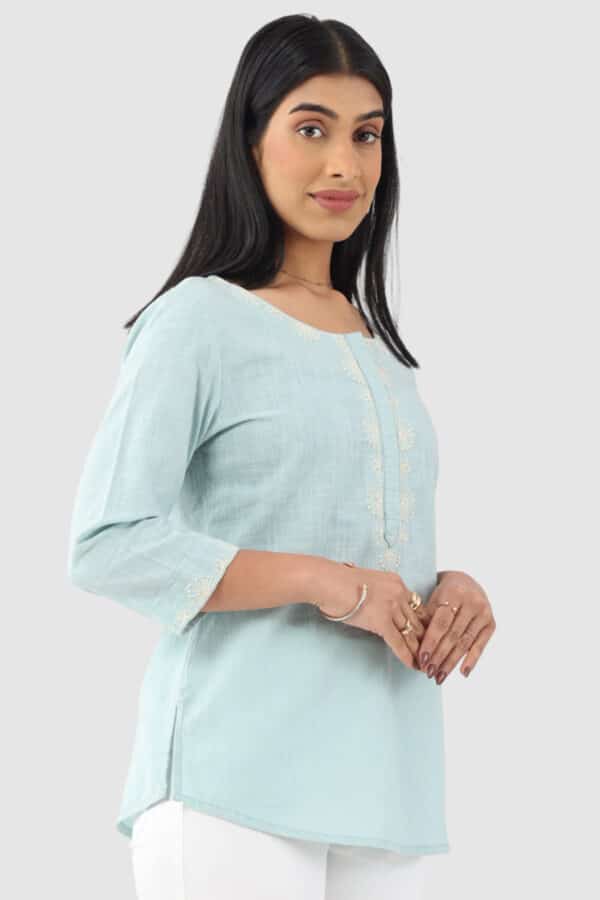 Embroidered Aqua Blue Top For Women