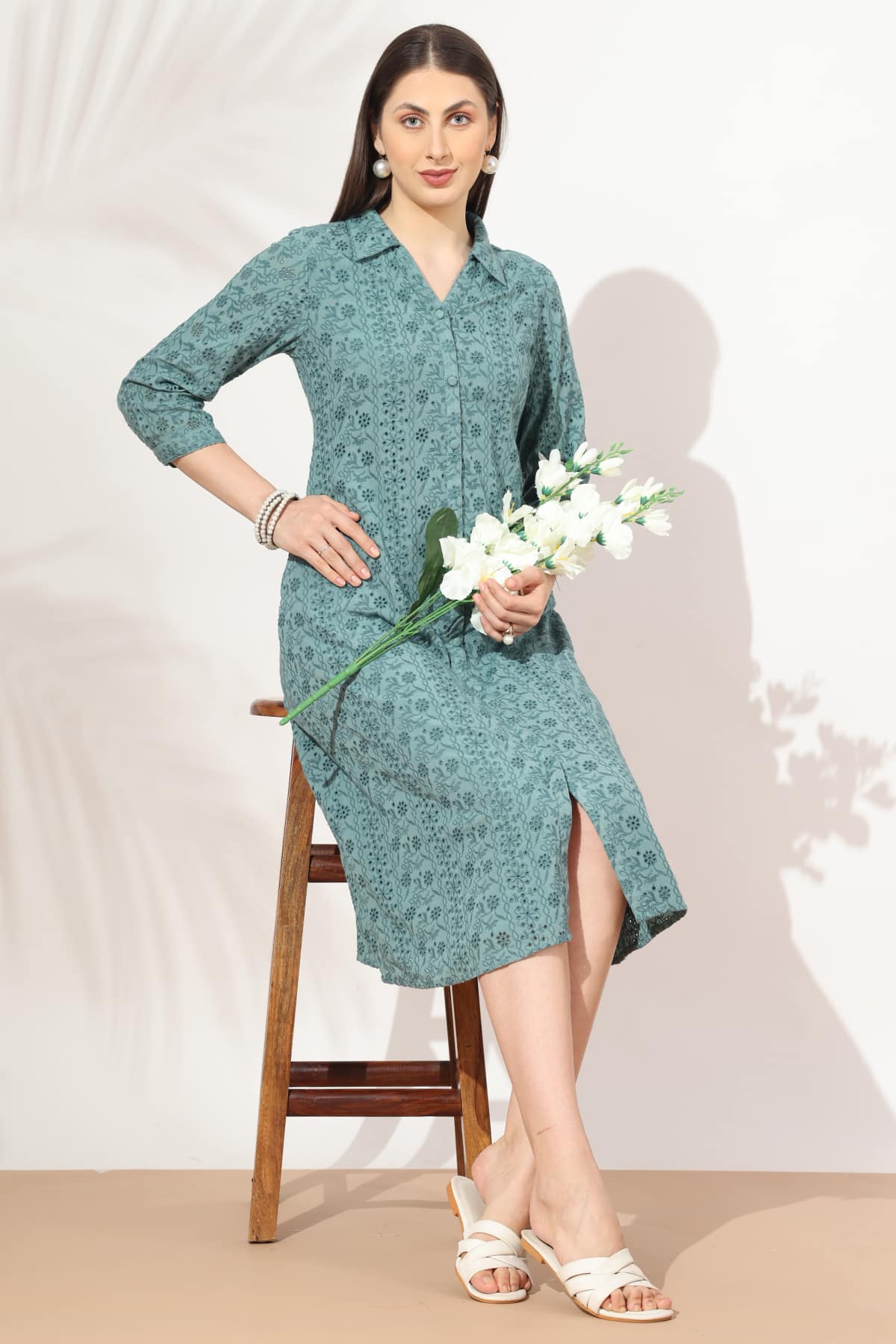 Schiffli Green Dress For Woman