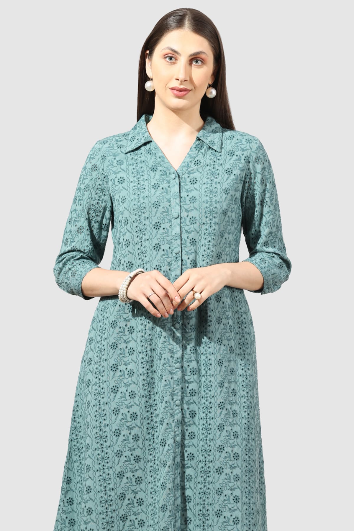 Schiffli Green Dress For Woman
