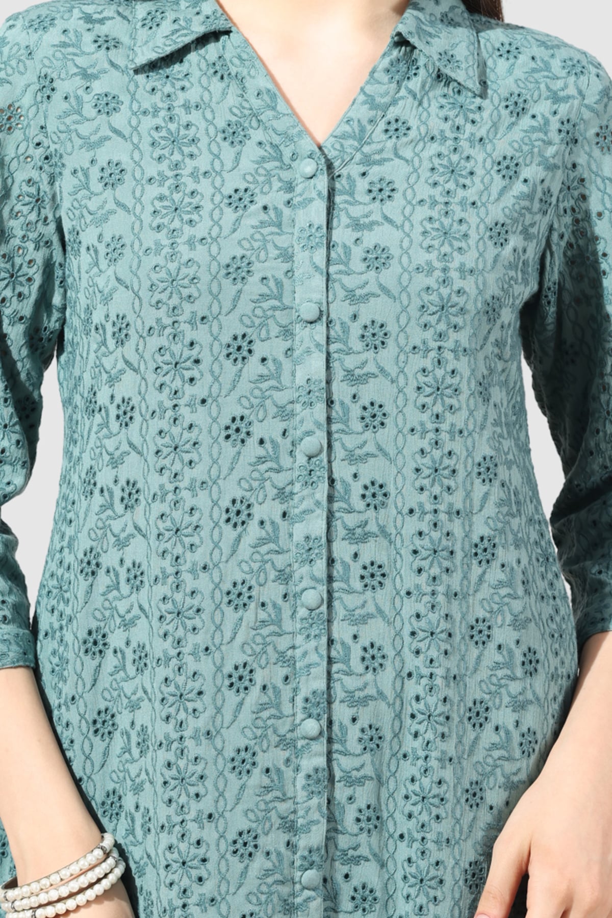 Schiffli Green Dress For Woman