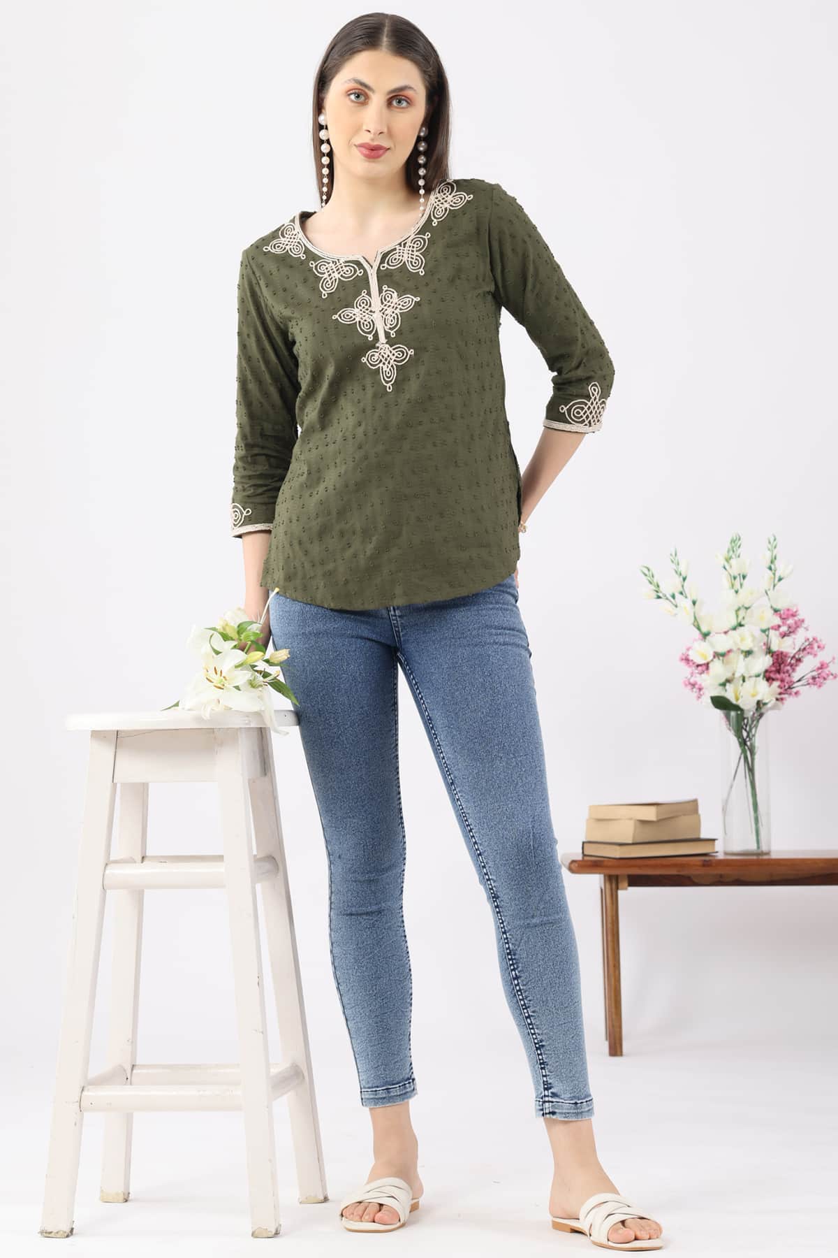 Embroidered Olive Green Top For Women