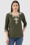 Embroidered Olive Green Top For Women