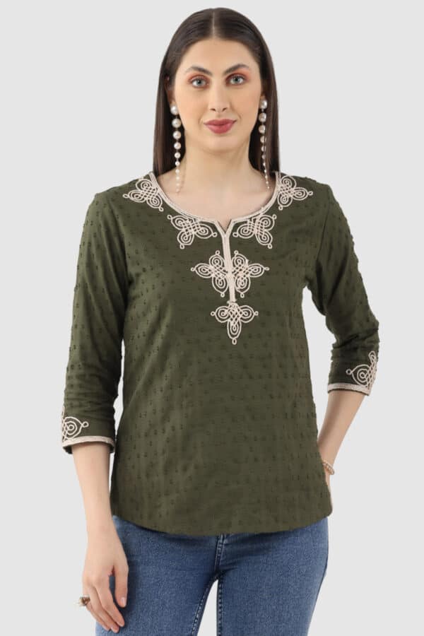 Embroidered Olive Green Top For Women