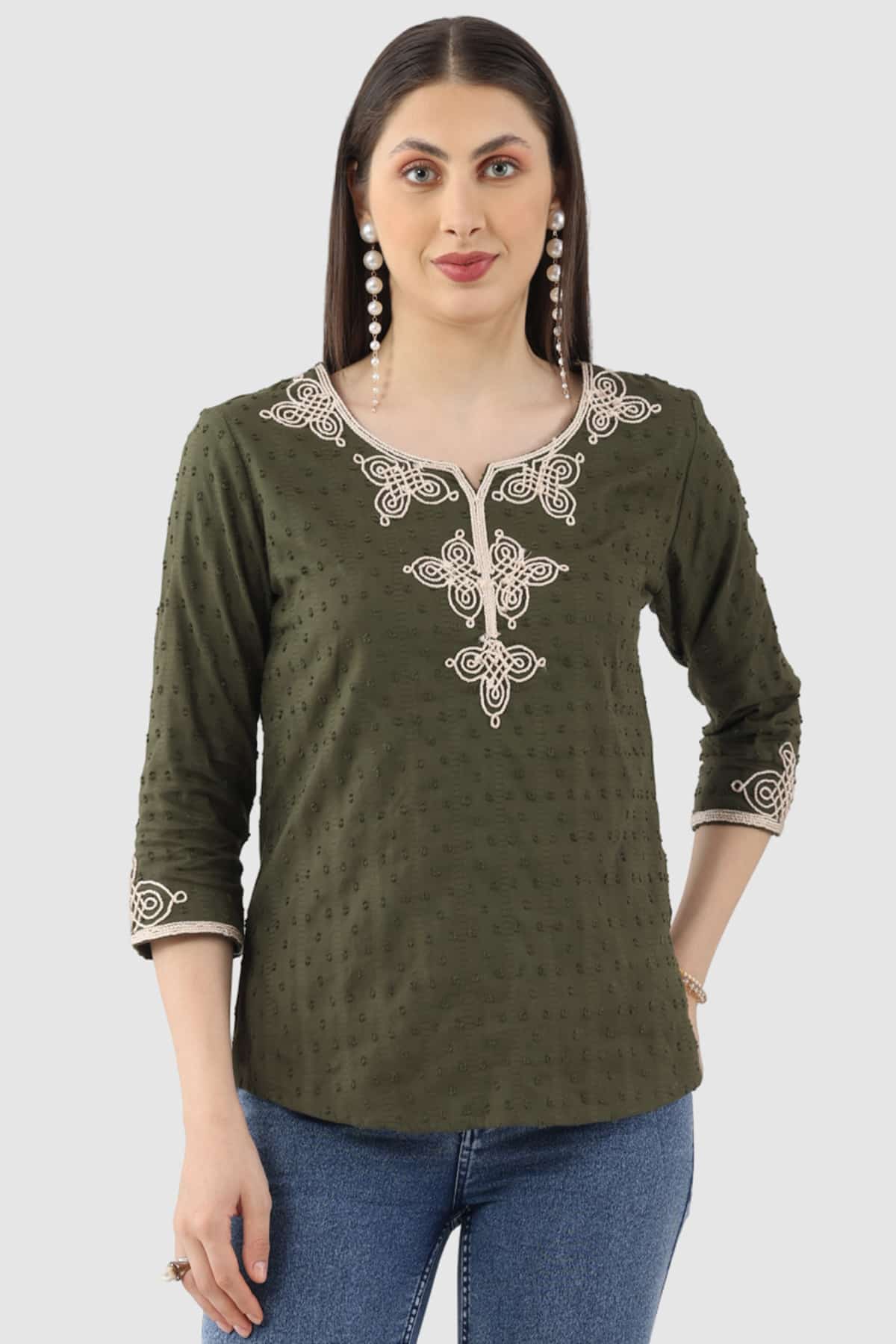 Embroidered Olive Green Top For Women