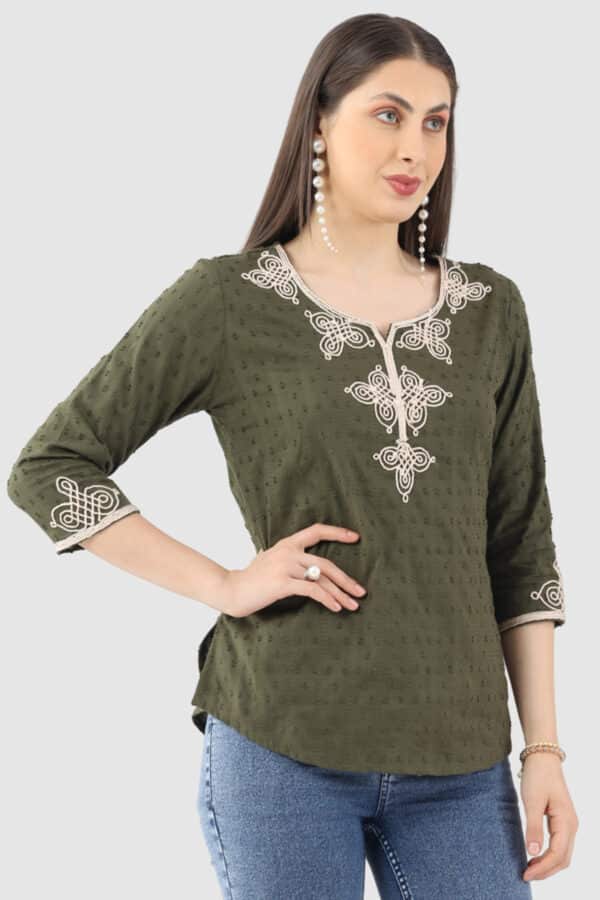 Embroidered Olive Green Top For Women