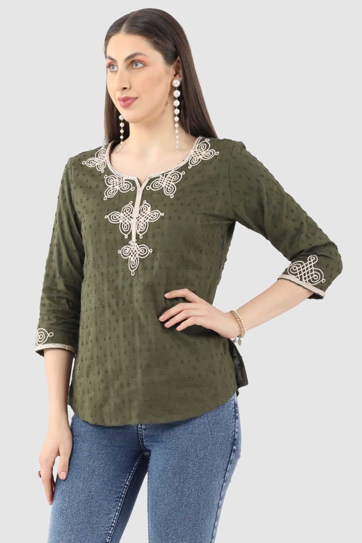 Embroidered Olive Green Top For Women