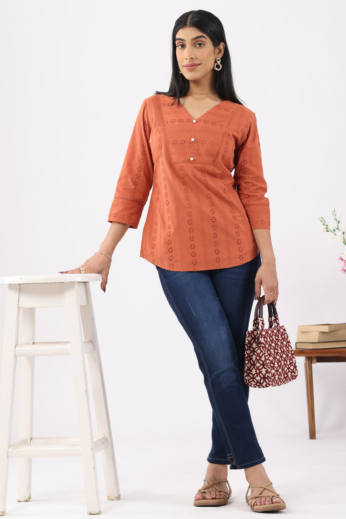 Schiffli Apricot Colour Top For Women