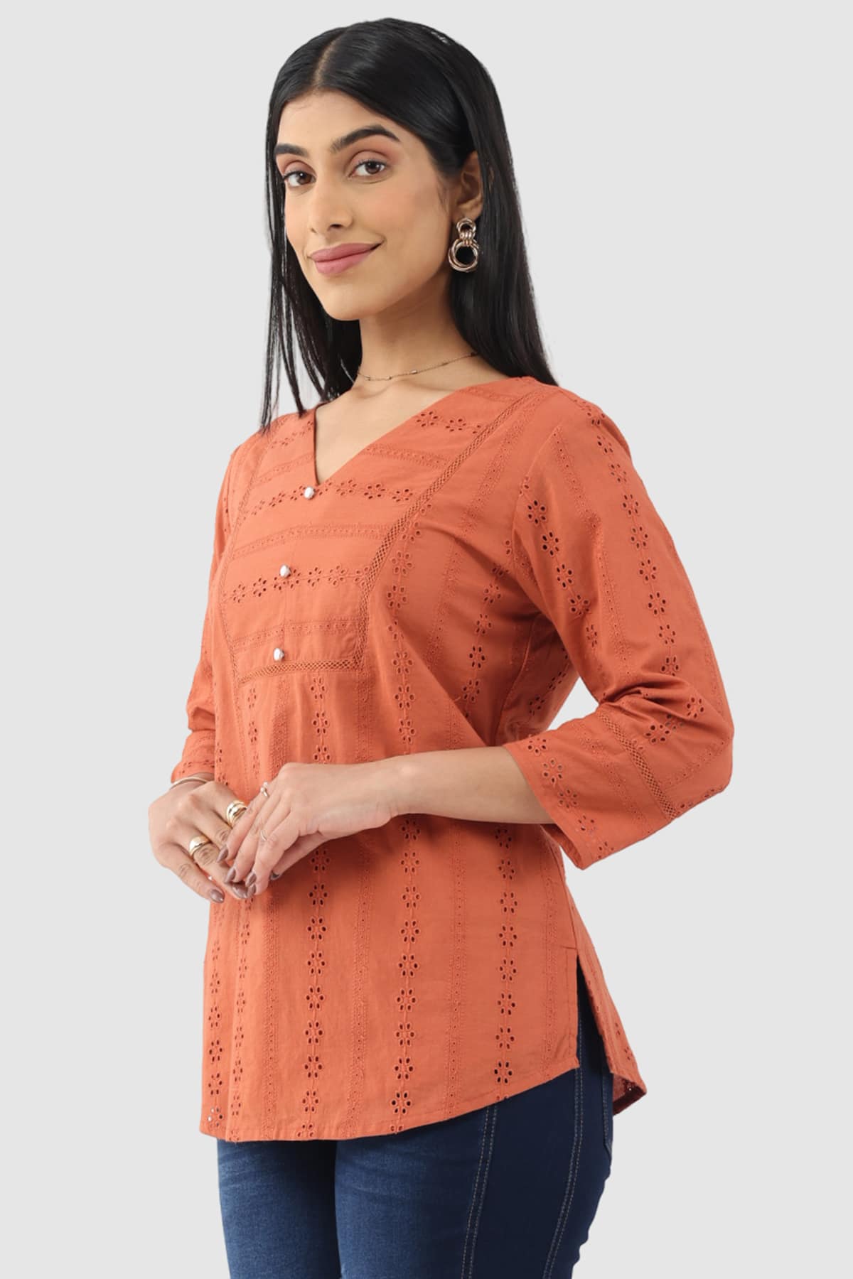 Schiffli Apricot Colour Top For Women