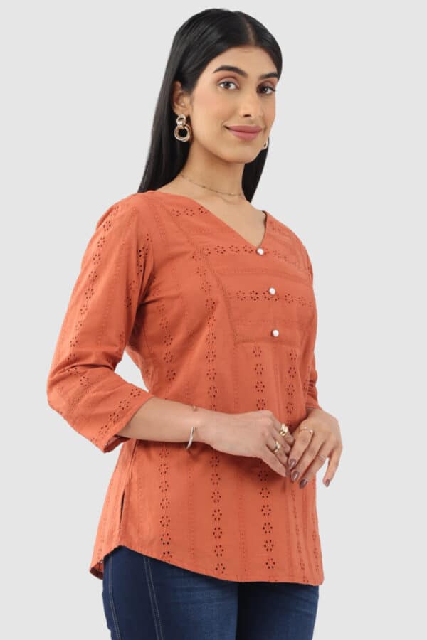 Schiffli Apricot Colour Top For Women