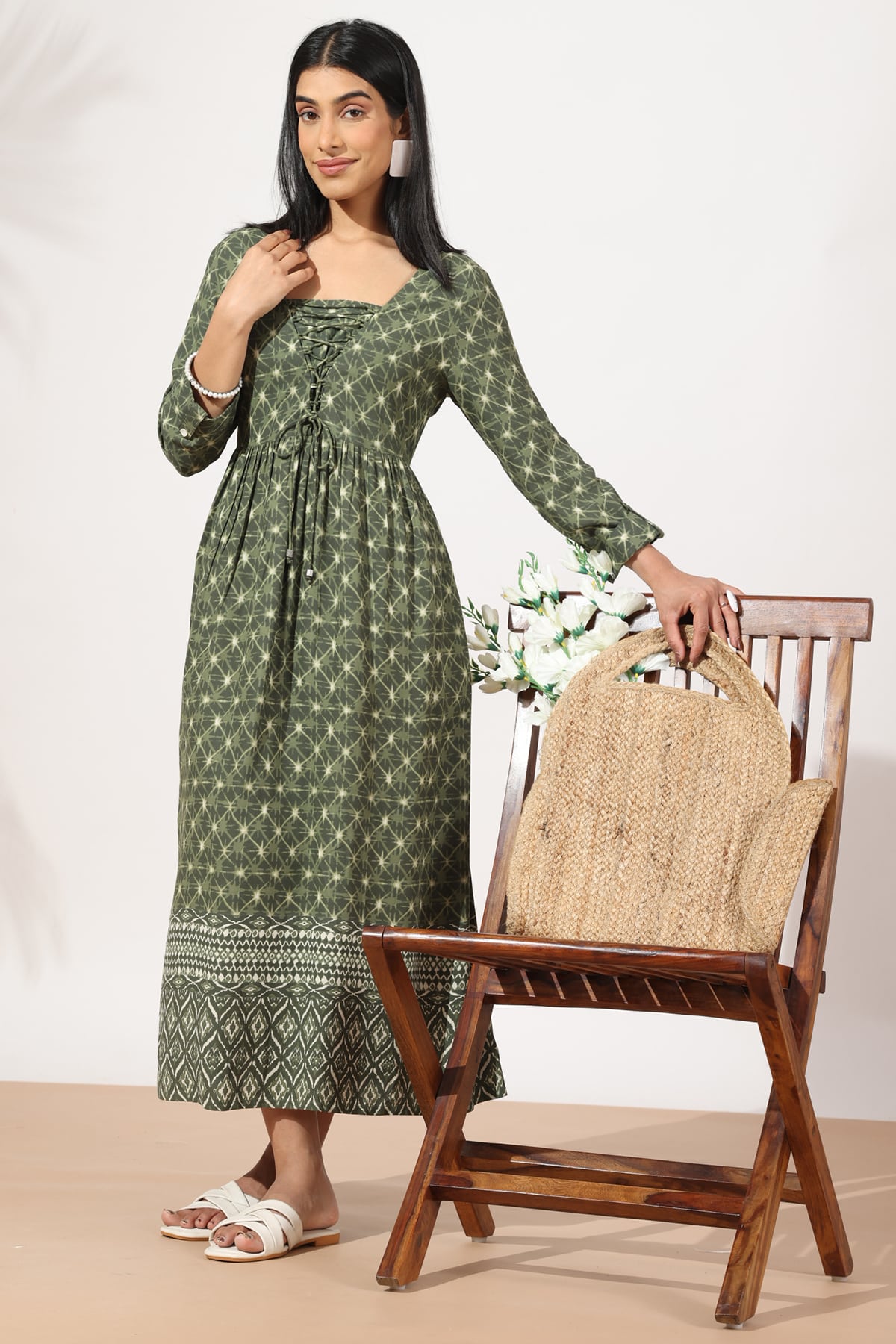 Printed Olive Green Dress For Women