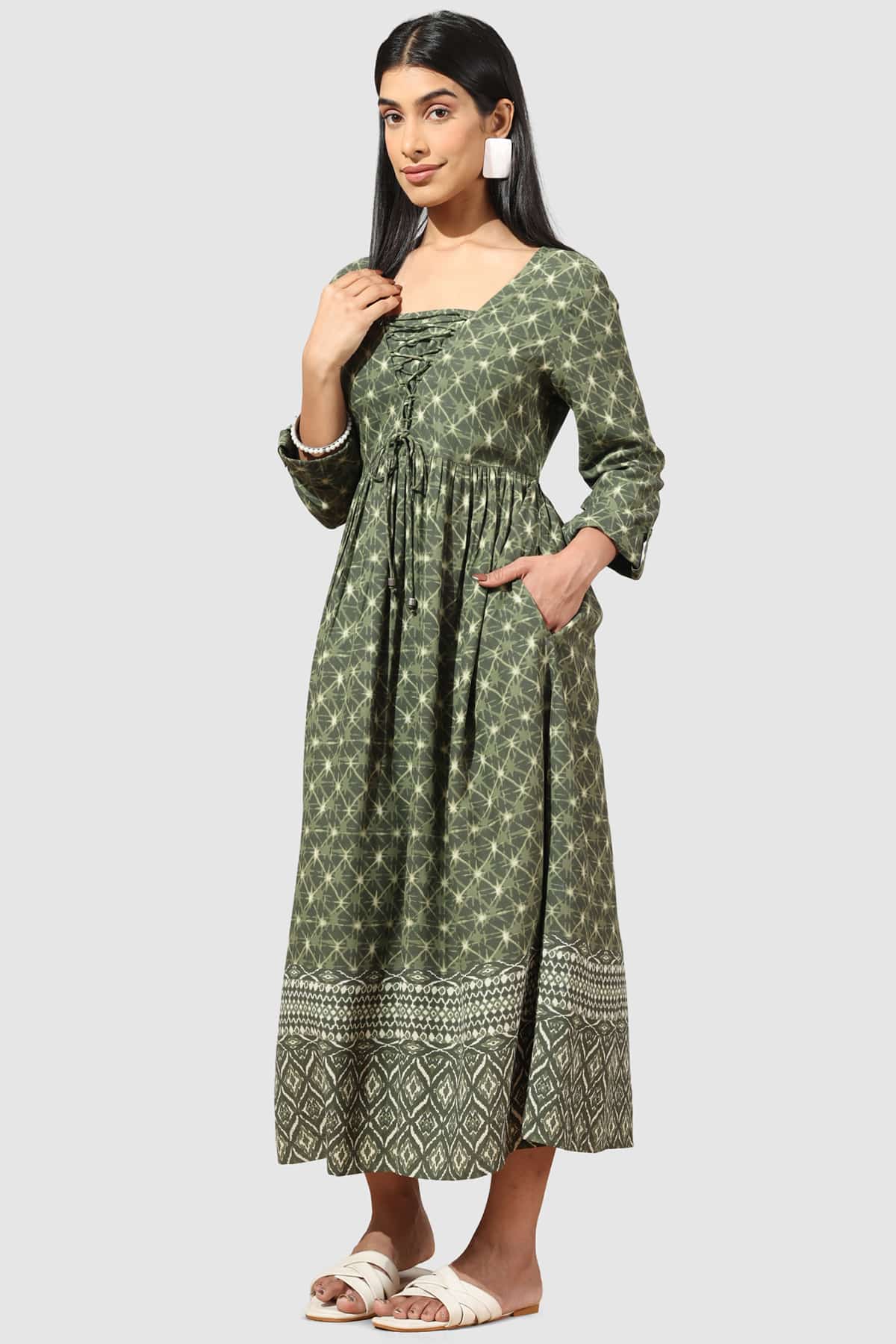 Printed Olive Green Dress For Women