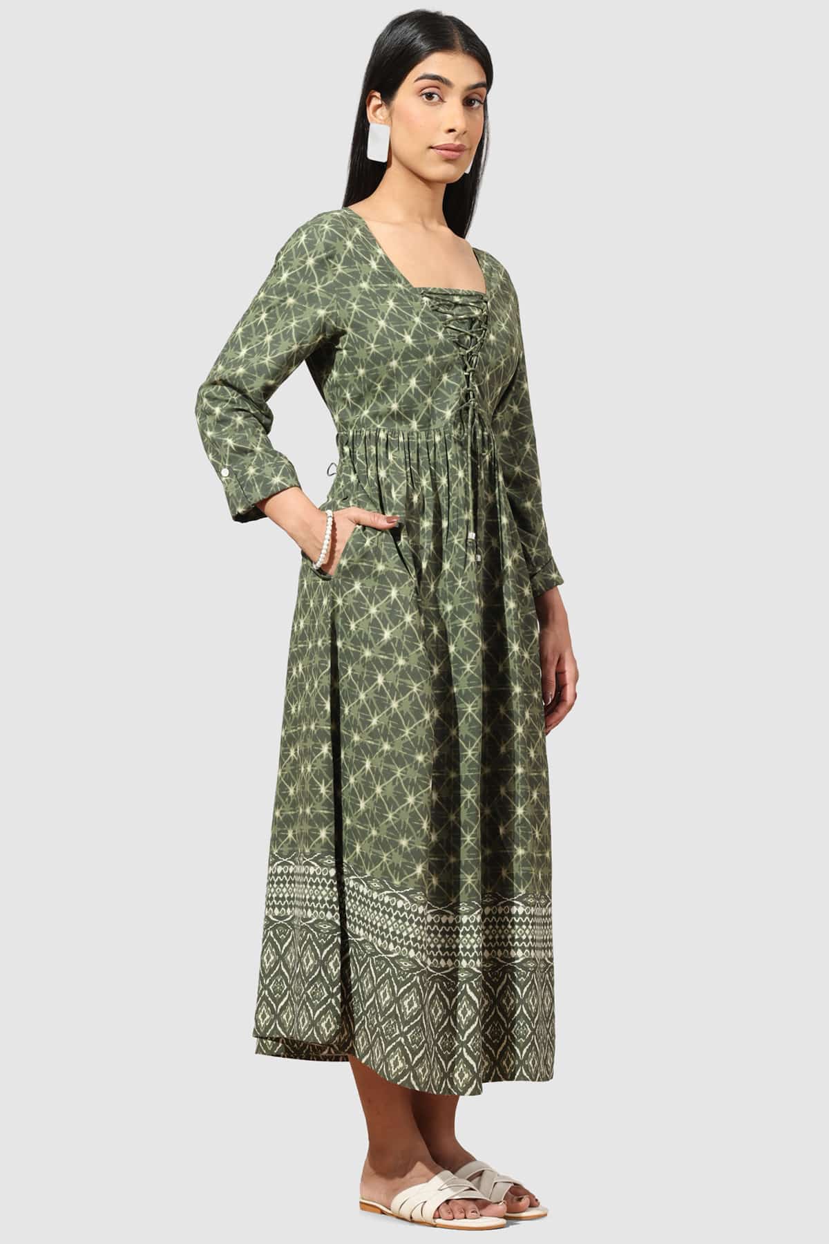 Printed Olive Green Dress For Women