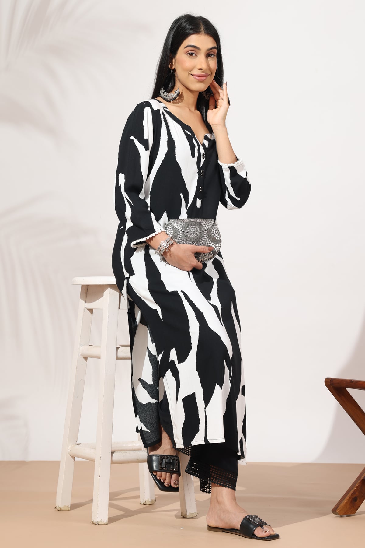 Printed Black And White Kurta For Women